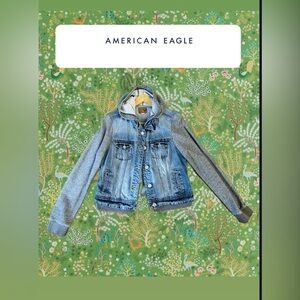 American Eagle Outfitters Blue Denim Jacket with Gray Knit Sleeves